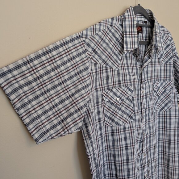 Plains Western Wear Pearl Snap front shirt blue white red plaid XL EUC - Picture 3 of 10